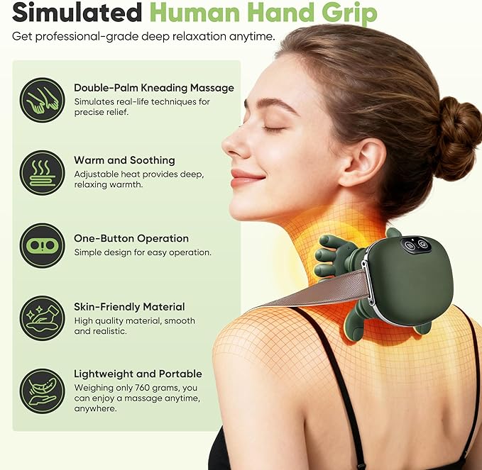 Masajeador de hombros y cuello, masajeador térmico biónico, masajeador de cuello con dedos, masaje de amasamiento 4D, simula un masaje real de palma para mayor comodidad, relaja la tensión