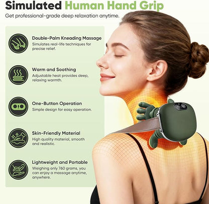 Masajeador de hombros y cuello, masajeador térmico biónico, masajeador de cuello con dedos, masaje de amasamiento 4D, simula un masaje real de palma para mayor comodidad, relaja la tensión